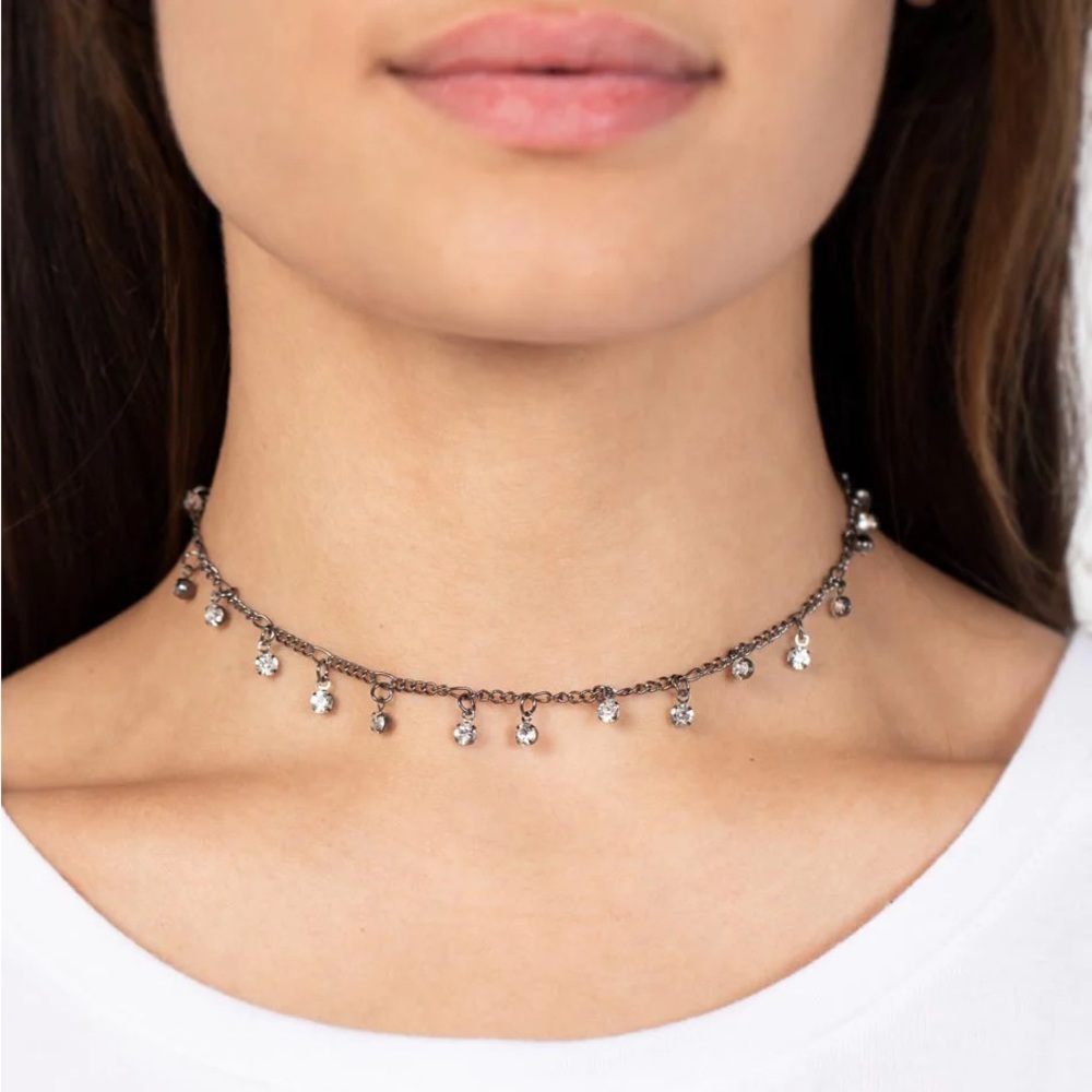 NEW Vintage Boutique Black Silver Diamond Rhinestone Grunge Choker Necklace